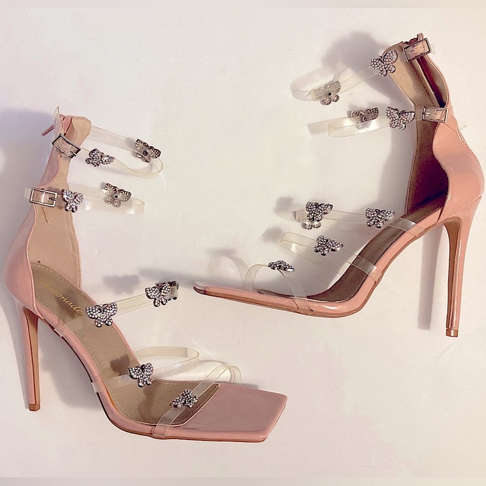 Lemonade Rhinestone Butterfly Stiletto Tall High Heel Clear Strap Square Toe 8.5 - Picture 7 of 16